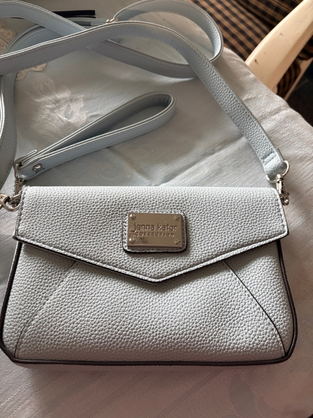 Jenna Kator Baby blu Light Gray Pebbled Leather Crossbody Bag with Silver Plaque